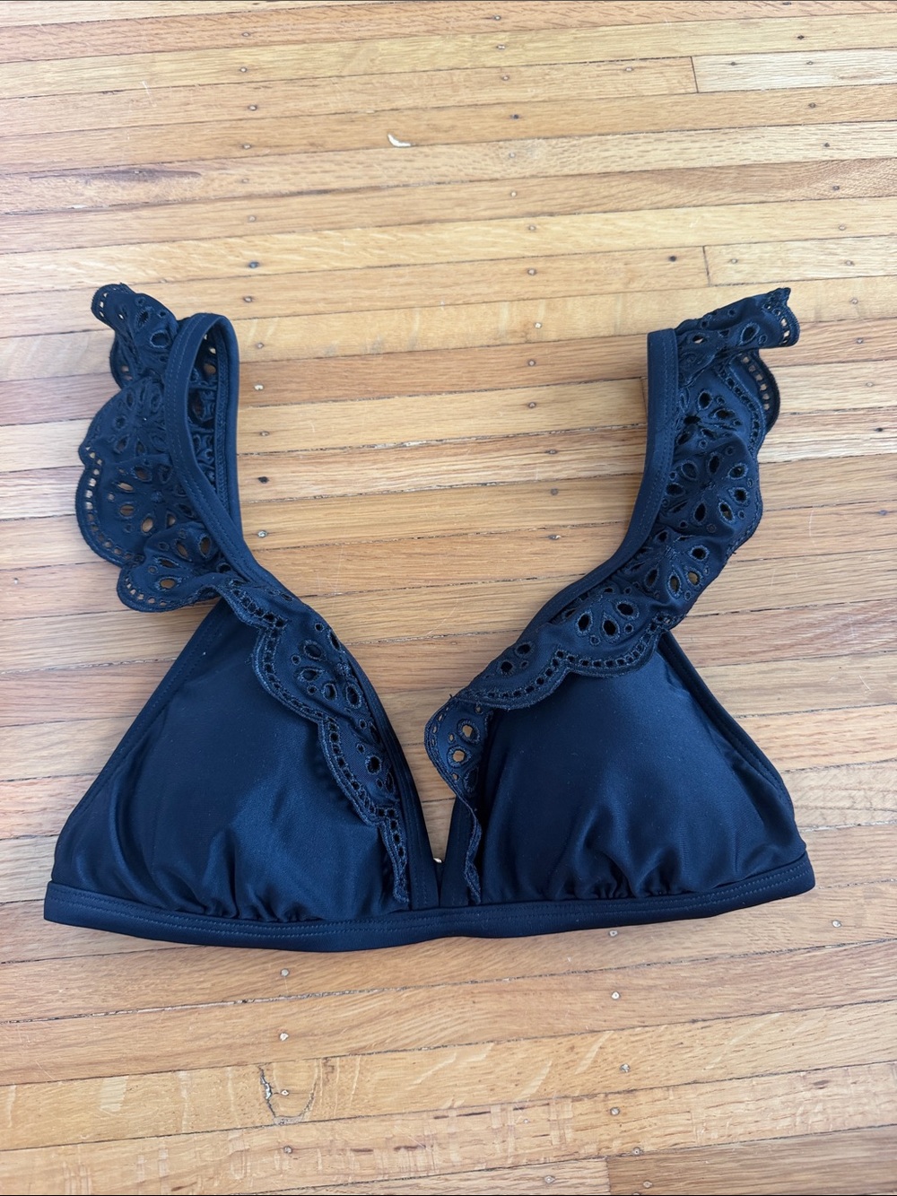 Avec Les Filles Black Eyelet-Trim Triangle Bikini Top